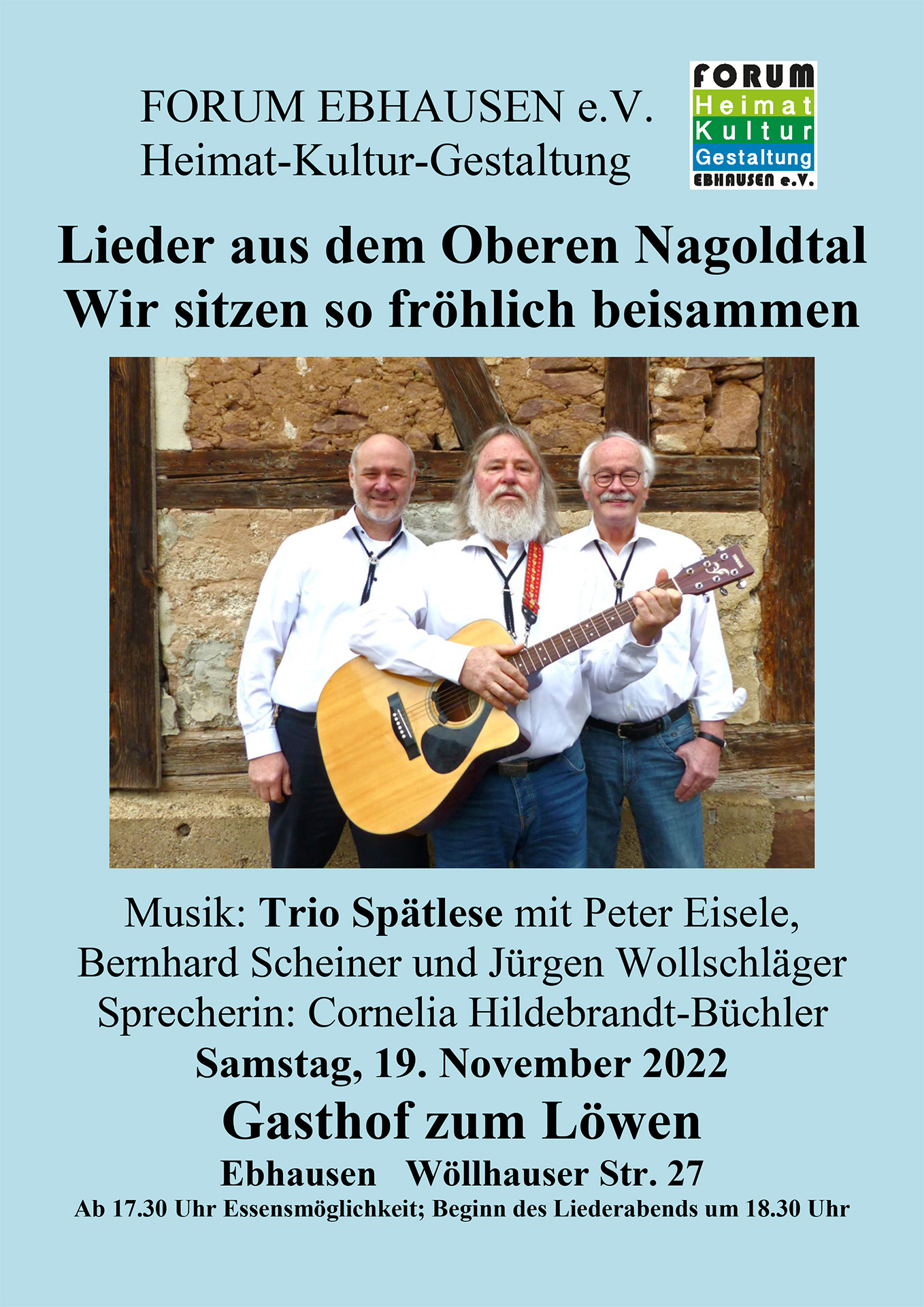 Liederabend mit dem Trio Spätlese im Gasthof zum Löwen am Samstag, 19. November um 18.30 Uhr