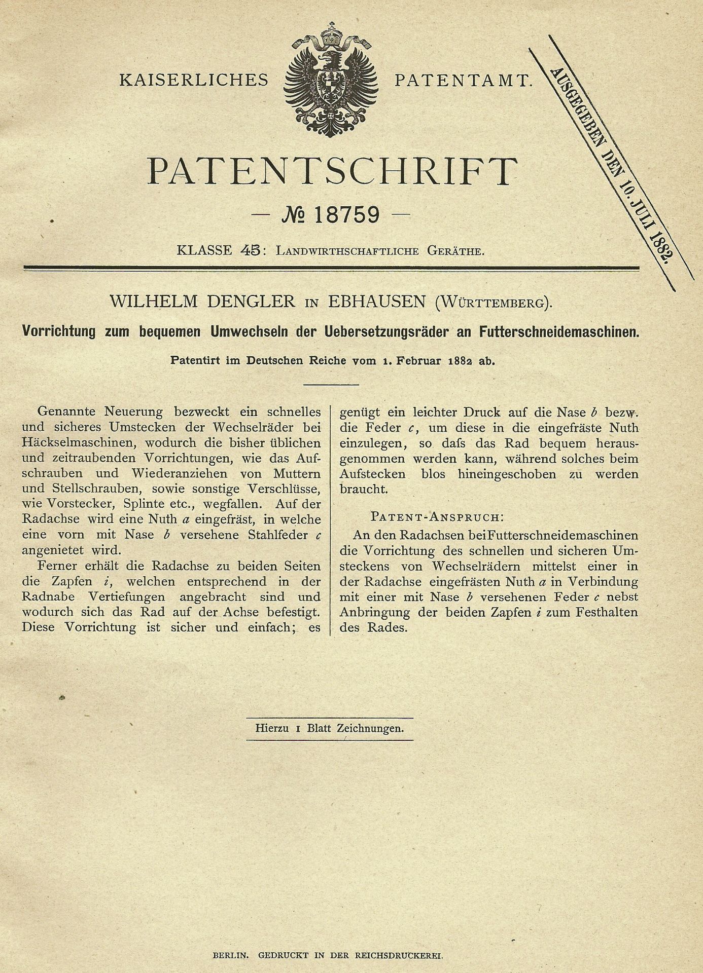 Patentschrift Wilhelm Dengler - 1882