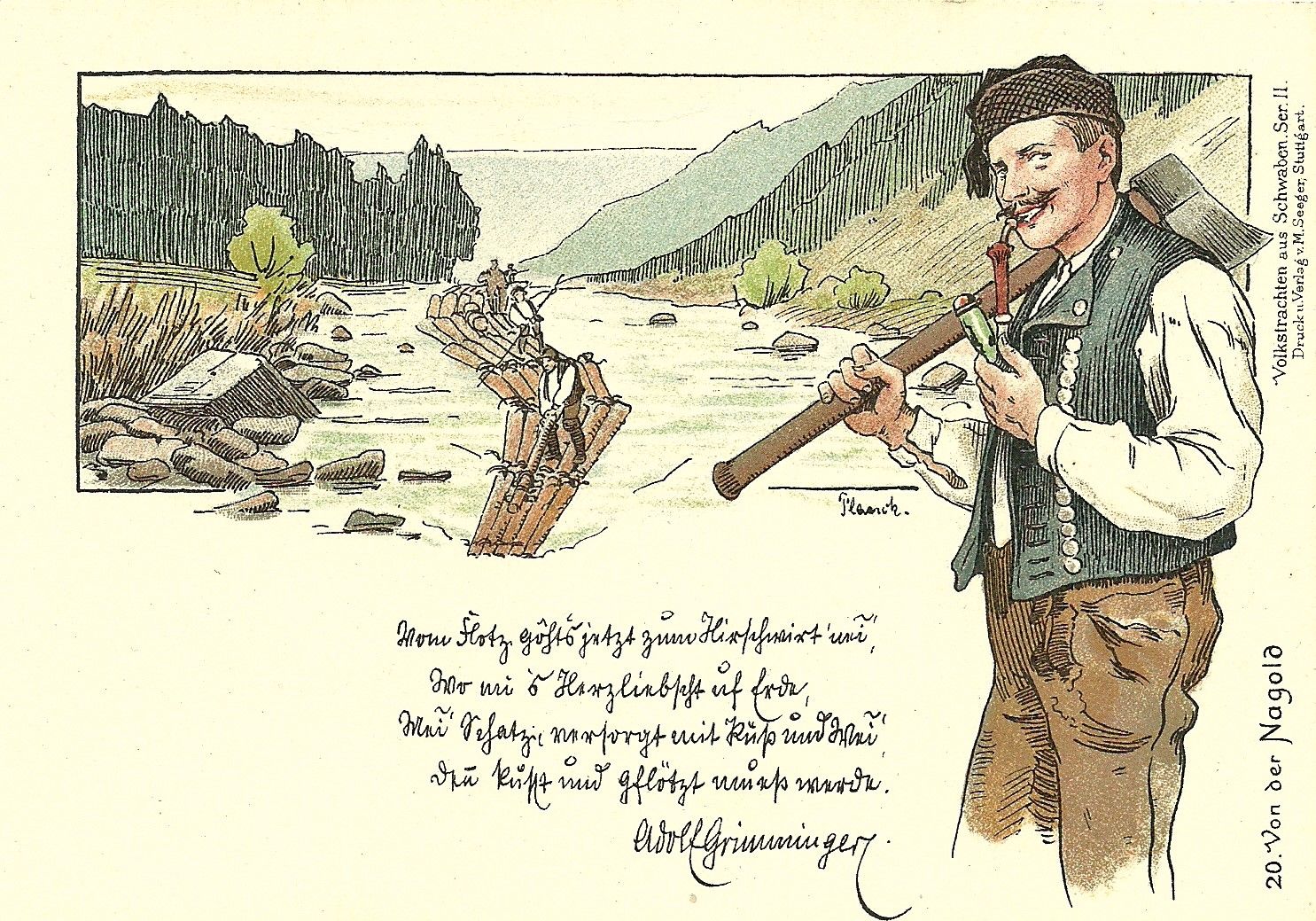 Auch die Flößer wanderten nach ihrer Fahrt wieder  zurück. Die Ansichtskarte zeigt den Floßbetrieb auf der Nagold