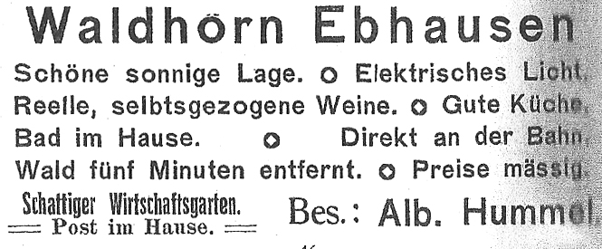 1909   Waldhorn Ebhausen Zeitungsanzeige Christel